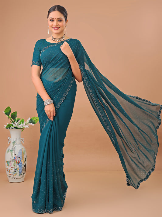 Leelavati Embellished Bollywood Chiffon Saree (Light Blue)