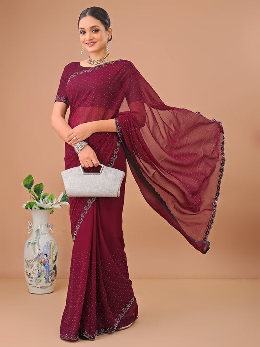 Leelavati Embellished Bollywood Chiffon Saree (Maroon)