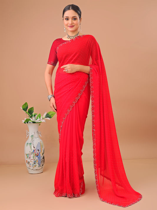 Leelavati Embellished Bollywood Chiffon Saree (Red)