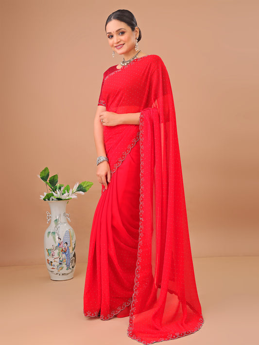Leelavati Embellished Bollywood Chiffon Saree (Red)