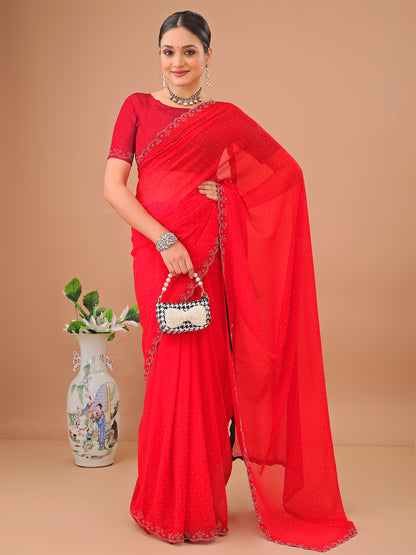 Leelavati Embellished Bollywood Chiffon Saree (Red)
