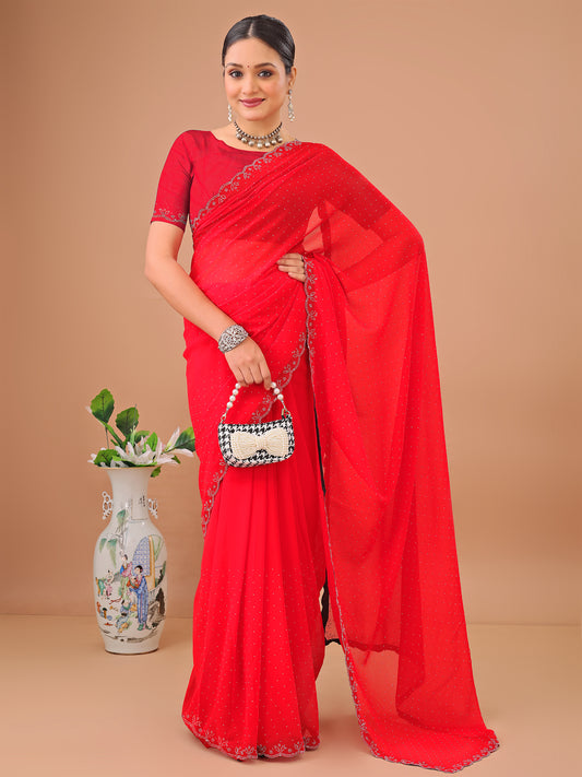 Leelavati Embellished Bollywood Chiffon Saree (Red)