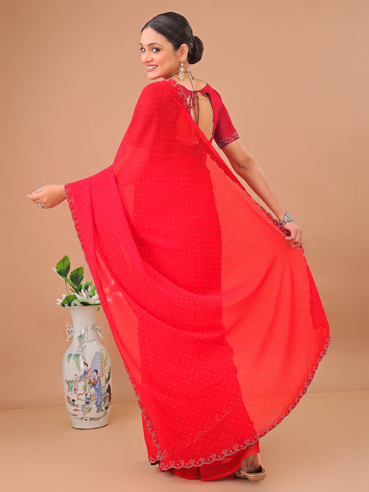 Leelavati Embellished Bollywood Chiffon Saree (Red)