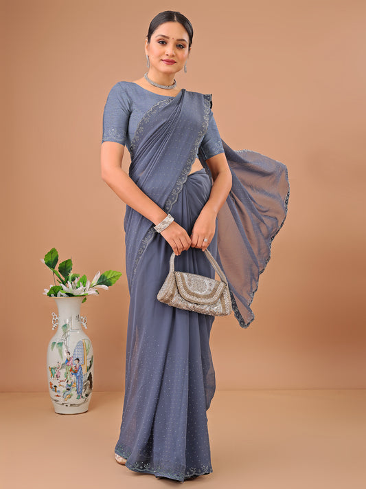 Leelavati Embellished Bollywood Chiffon Saree (Grey)