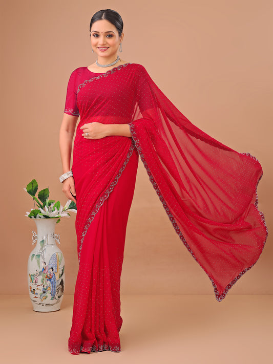 Leelavati Embellished Bollywood Chiffon Saree (Red)