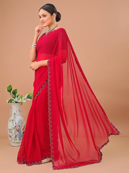 Leelavati Embellished Bollywood Chiffon Saree (Red)