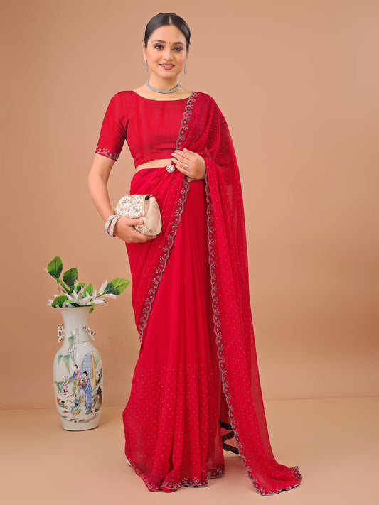 Leelavati Embellished Bollywood Chiffon Saree (Red)