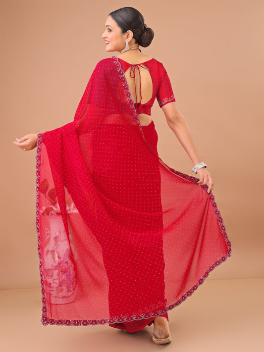 Leelavati Embellished Bollywood Chiffon Saree (Red)