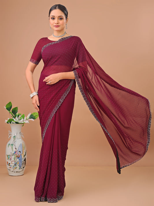 Leelavati Embellished Bollywood Chiffon Saree (Maroon)