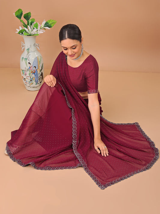 Leelavati Embellished Bollywood Chiffon Saree (Maroon)