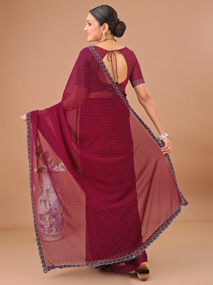 Leelavati Embellished Bollywood Chiffon Saree (Maroon)