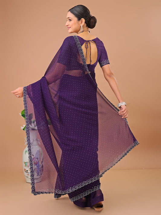 Leelavati Embellished Bollywood Chiffon Saree (Purple)