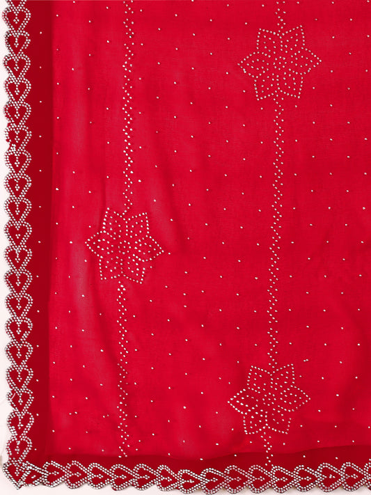 Leelavati Embroidered, Embellished Bollywood Georgette Saree (Red)
