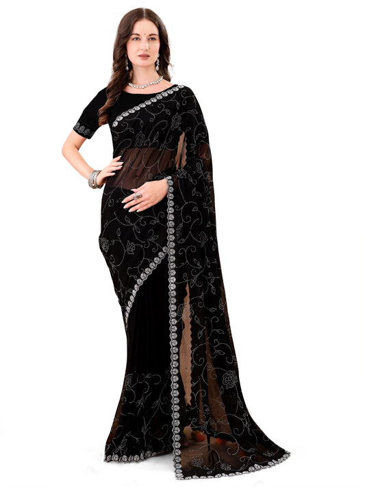 Leelavati Embroidered, Embellished Bollywood Georgette Saree (Black)