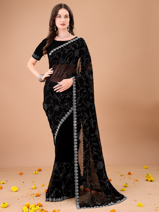 Leelavati Embroidered, Embellished Bollywood Georgette Saree (Black)