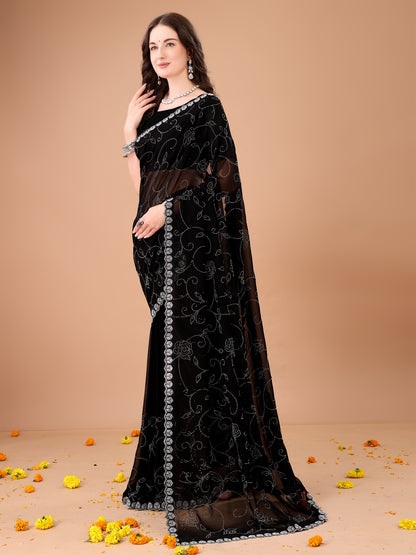Leelavati Embroidered, Embellished Bollywood Georgette Saree (Black)