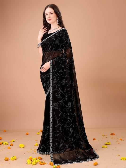 Leelavati Embroidered, Embellished Bollywood Georgette Saree (Black)