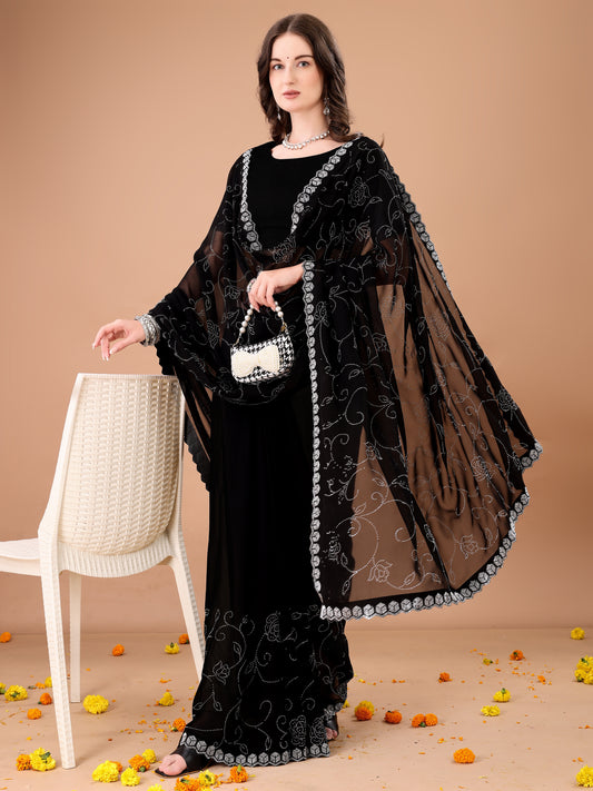 Leelavati Embroidered, Embellished Bollywood Georgette Saree (Black)