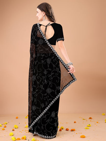 Leelavati Embroidered, Embellished Bollywood Georgette Saree (Black)