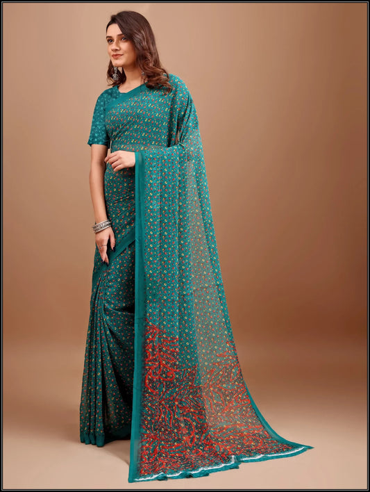 Leelavati Printed Daily Wear Chiffon Saree (Dark Green)
