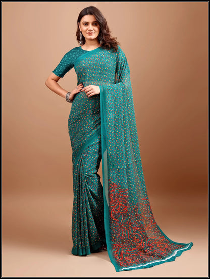 Leelavati Printed Daily Wear Chiffon Saree (Dark Green)