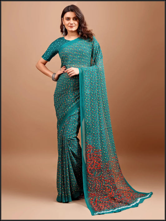 Leelavati Printed Bollywood Chiffon Saree (Green)