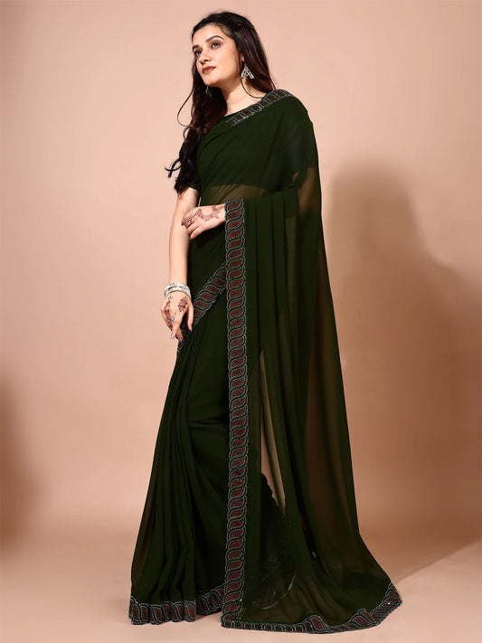 Leelavati Embellished Bollywood Chiffon Saree (Dark Green)