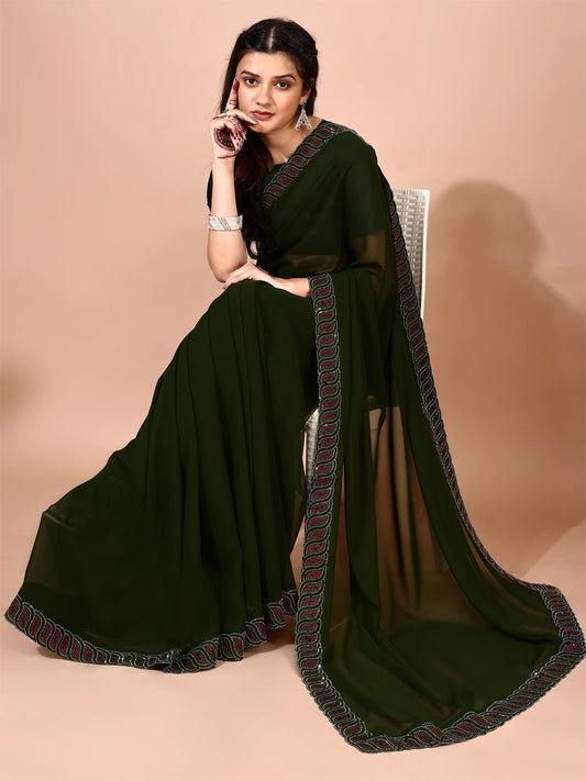 Leelavati Embellished Bollywood Chiffon Saree (Dark Green)