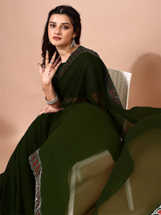 Leelavati Embellished Bollywood Chiffon Saree (Dark Green)