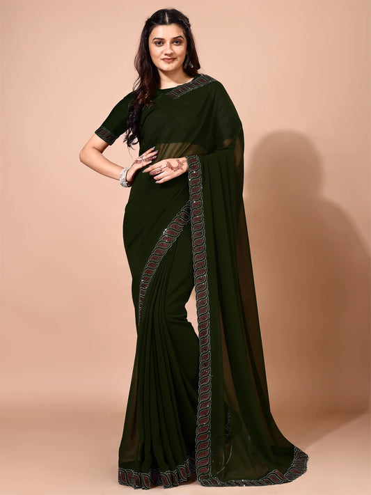 Leelavati Embellished Bollywood Chiffon Saree (Dark Green)