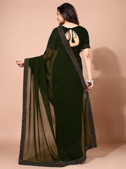 Leelavati Embellished Bollywood Chiffon Saree (Dark Green)