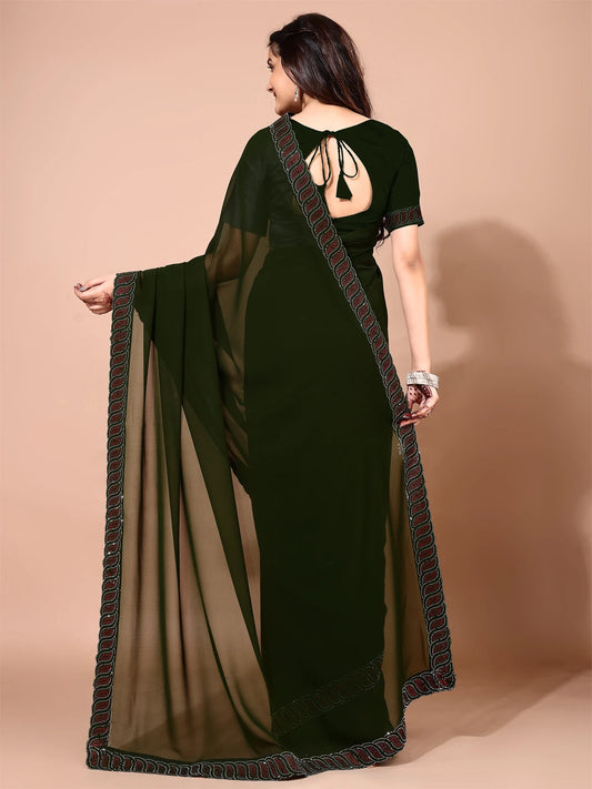 Leelavati Embellished Bollywood Chiffon Saree (Dark Green)