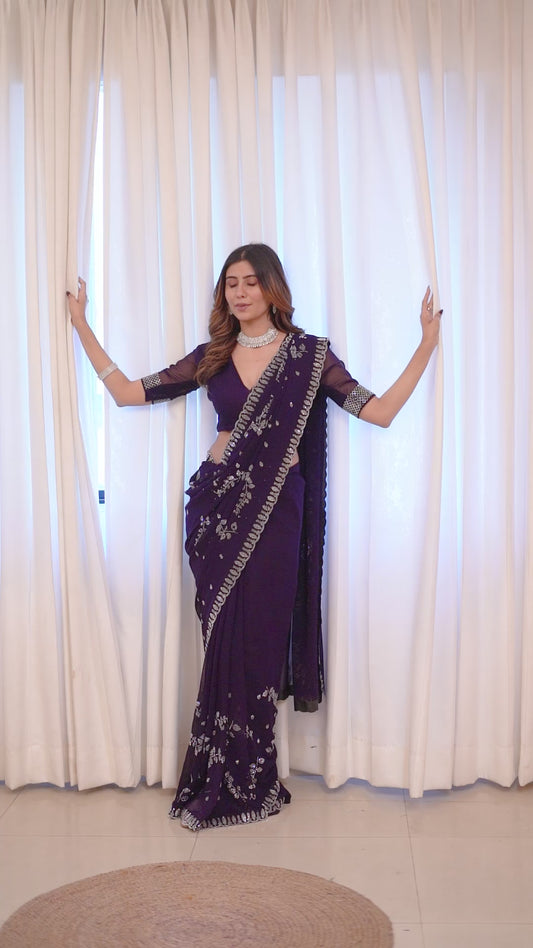 Leelavati Embroidered, Embellished Bollywood Georgette Saree (Purple)